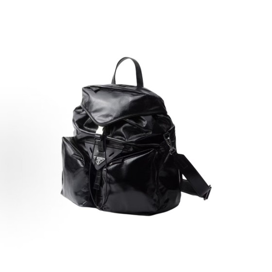 PRADA Enamel metal triangular logo drawstring flip-top backpack for men, black